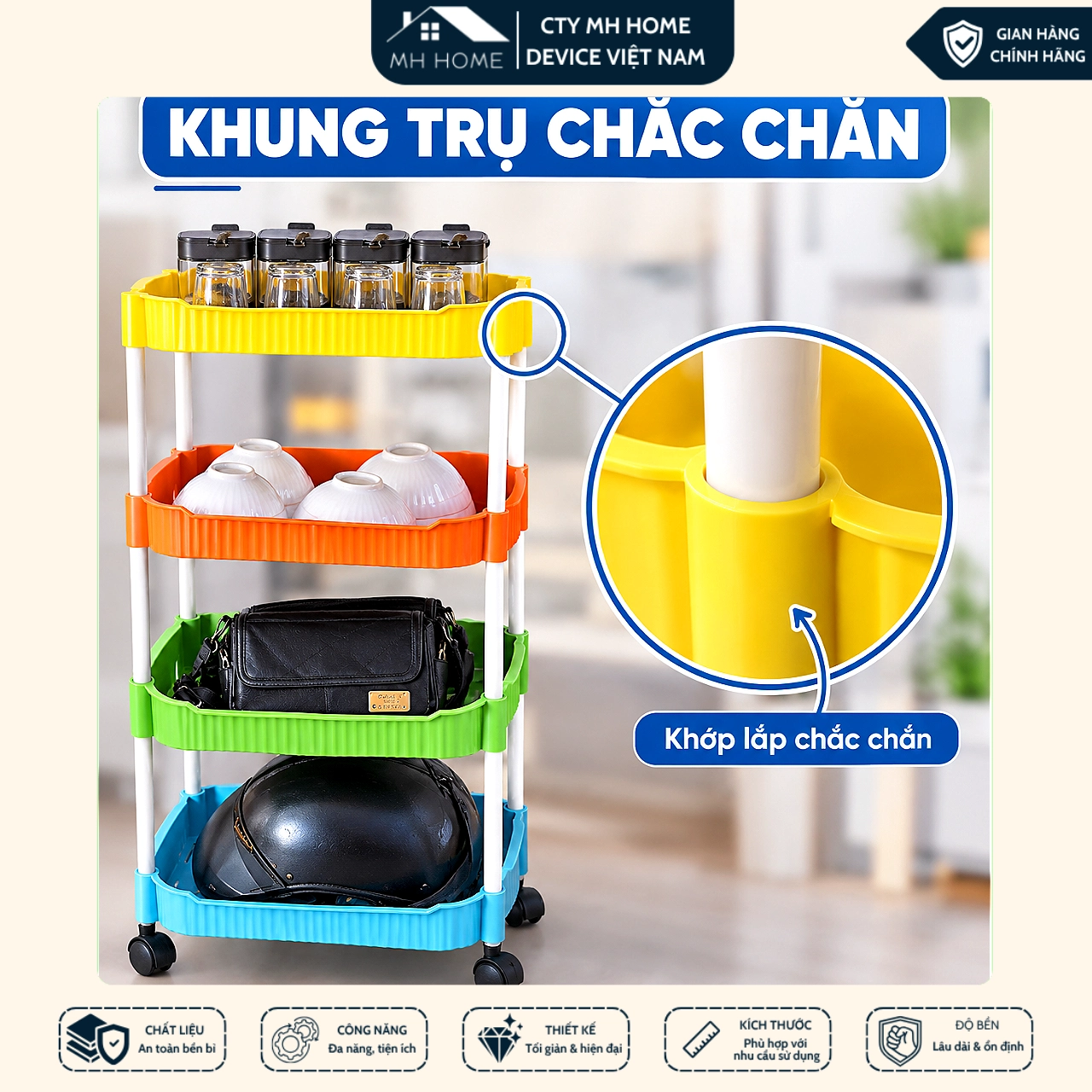 Kệ Đa Sắc Để Đồ 4 Tầng Đa Năng Có Bánh Xe Xoay 360° Nhiều Màu Bắt Mắt, Kệ Đựng Gia Vị Nhà Bếp, Kệ Để Đồ Nhà Tắm Thoát